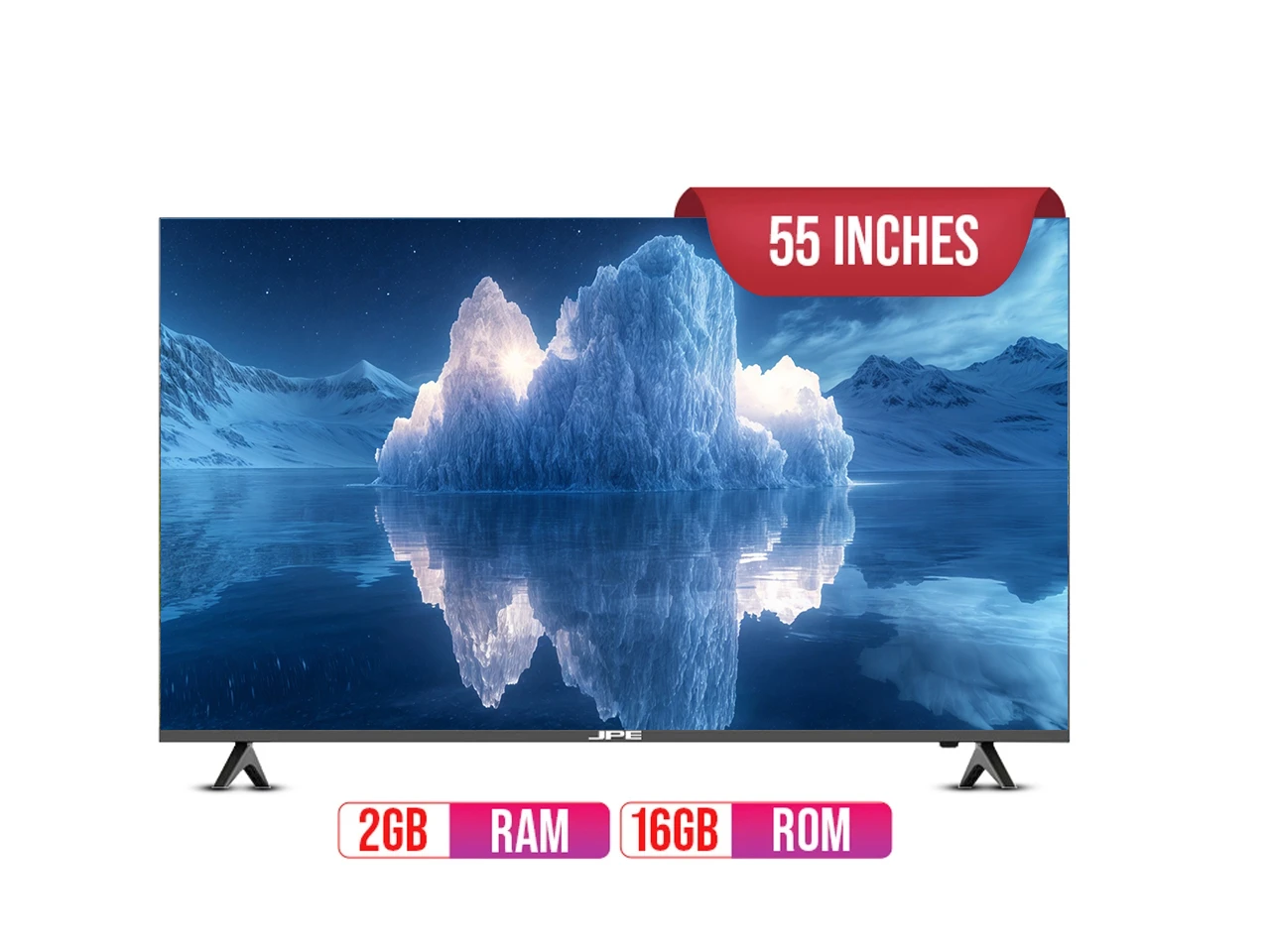 JPE 55 Inch Frameless Smart TV angle, JPE 55 Inch Frameless Smart TV Display, JPE 55 Inch Frameless Smart TV